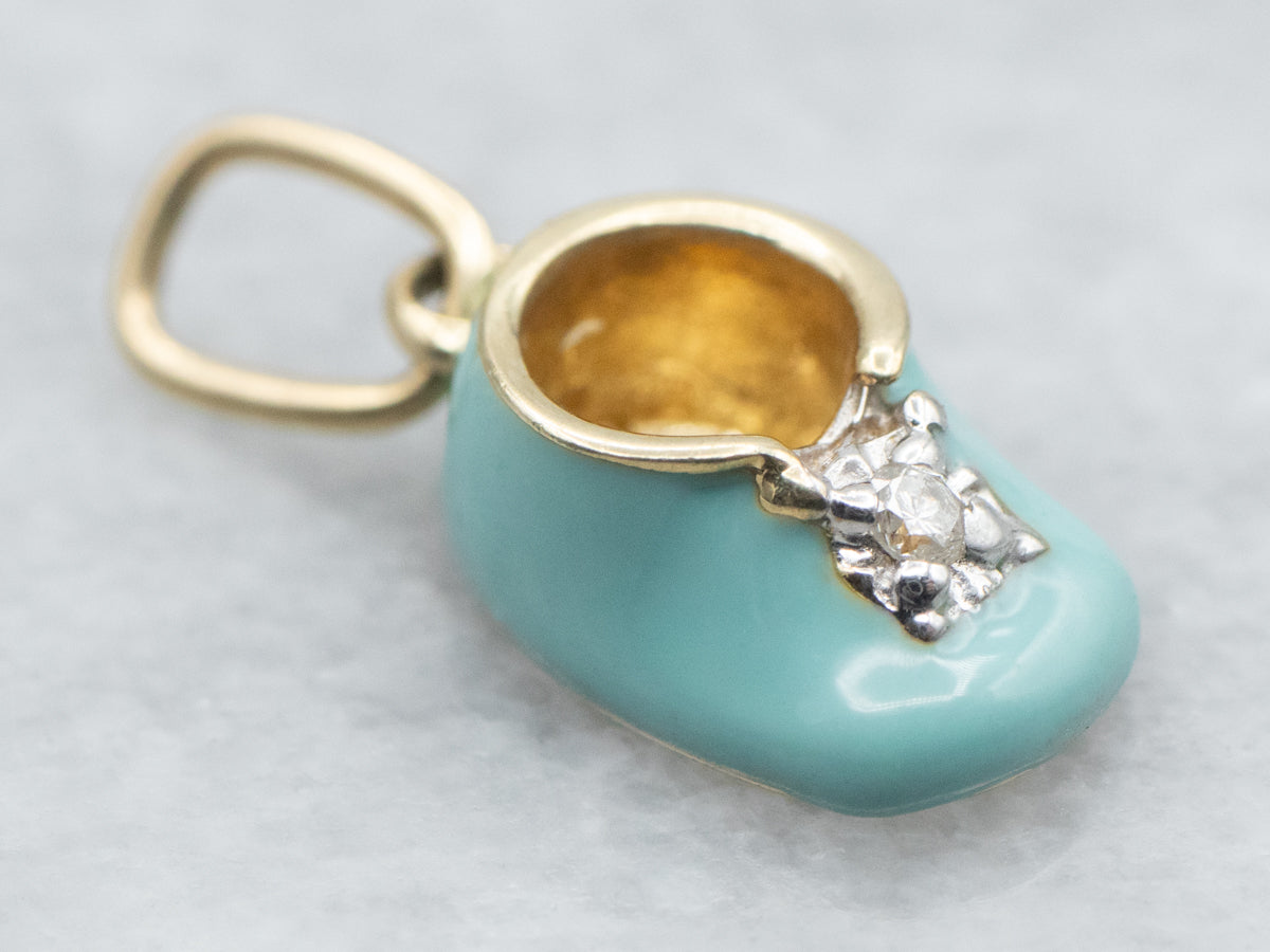 Yellow Gold Blue Enamel Baby Shoe Charm with Diamond Accent