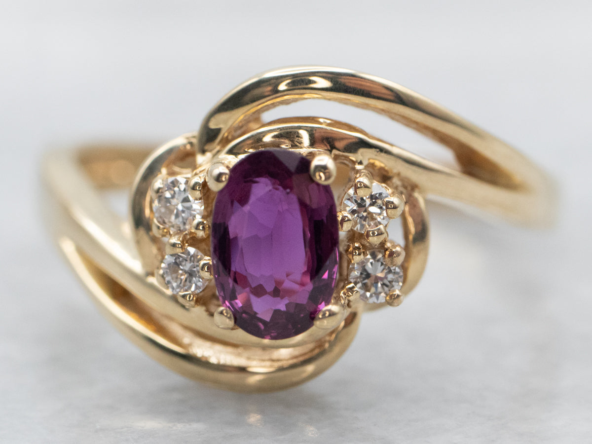 Yellow Gold Oval Cut Ruby Bypass Ring with Diamond Accents