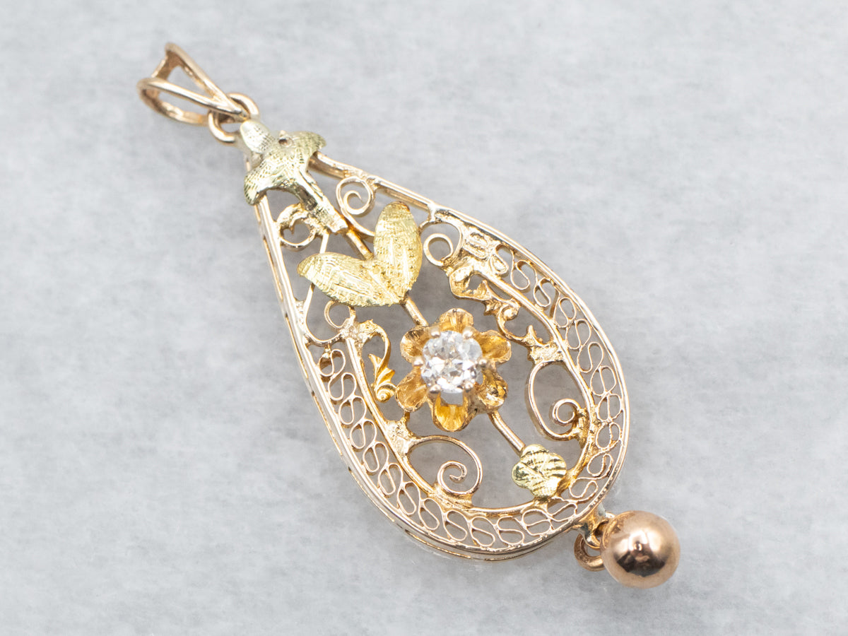 Yellow Gold Old Mine Cut Diamond Botanical Lavalier Pendant