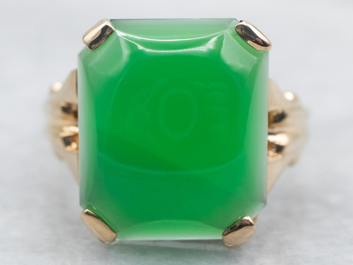 Yellow Gold Rectangle Cut Green Onyx Cabochon Solitaire Ring