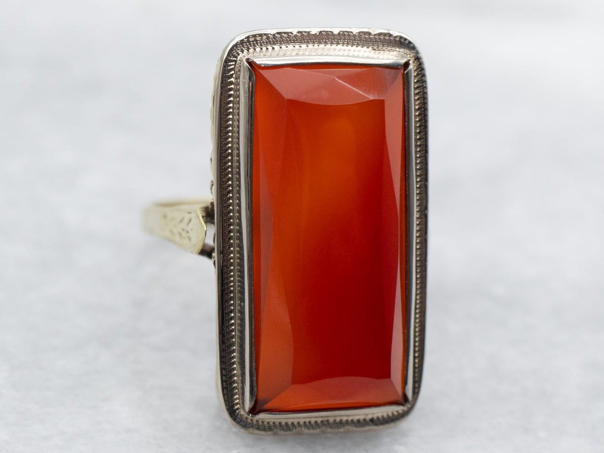 Yellow Gold Bezel Set Rectangle Cut Carnelian Solitaire Ring