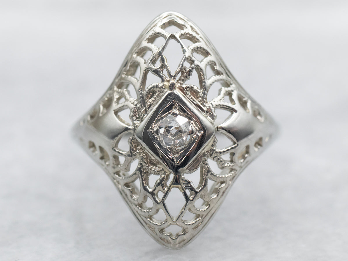 Art Deco Old Mine Cut Diamond Filigree Ring