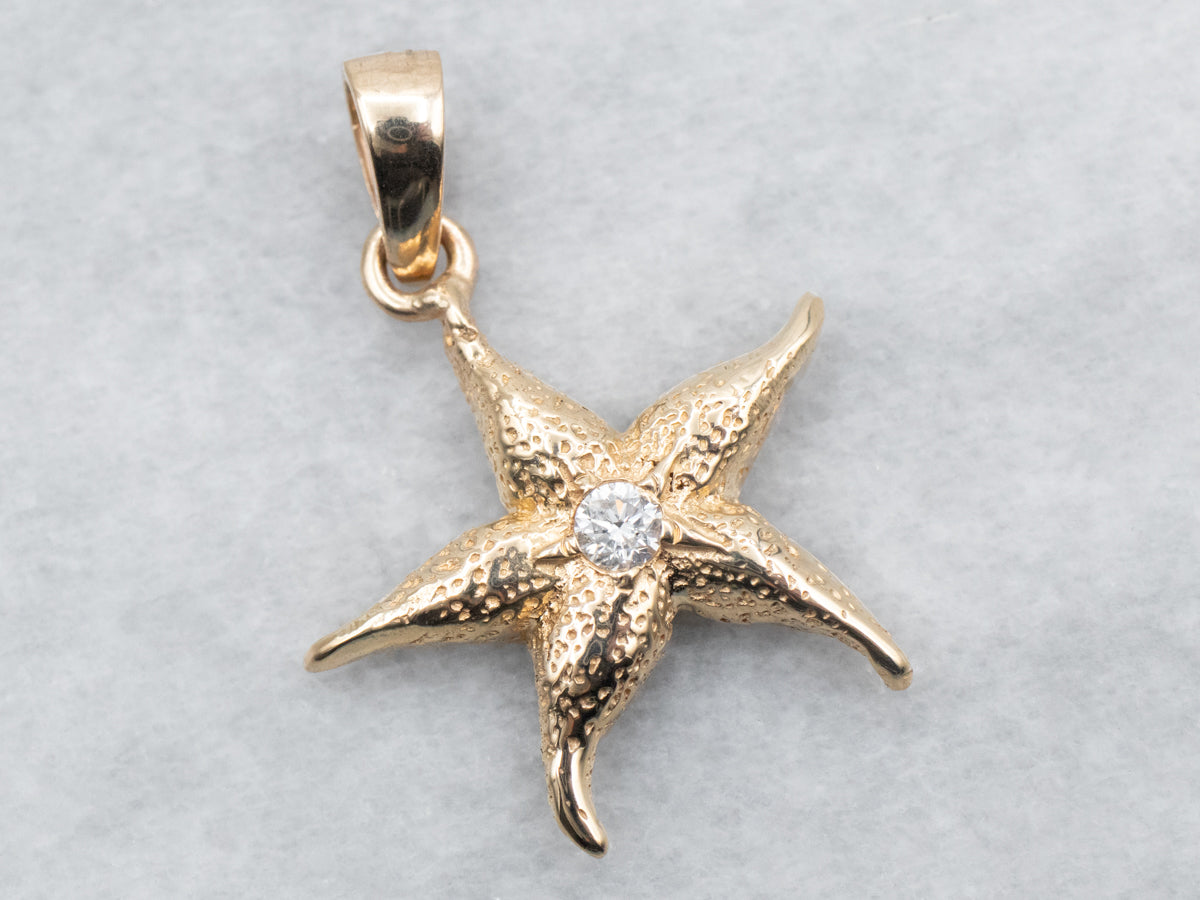 Textured Gold Starfish Pendant with Diamond Accent