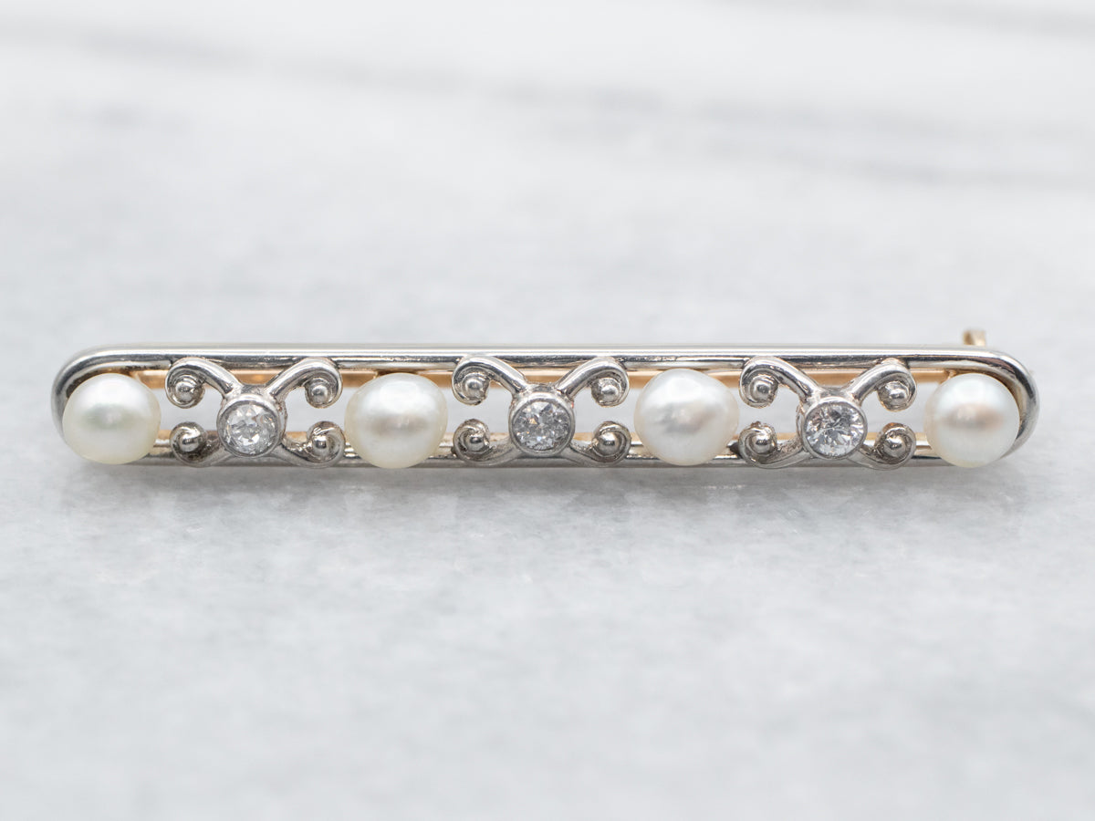 Mixed Metal Pearl and Diamond Brooch