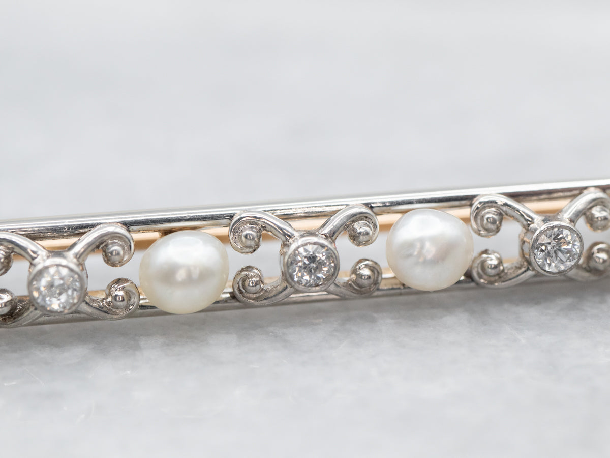 Mixed Metal Pearl and Diamond Brooch