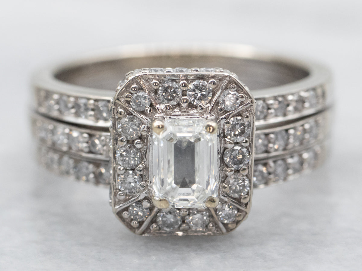 Modern Emerald Cut Diamond Triple Band Engagement Ring with Diamond Shoulders