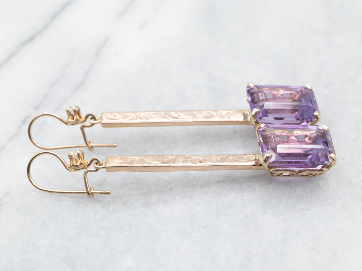 Two Tone Amethyst Bar Drop Earrings with Diamond Accents