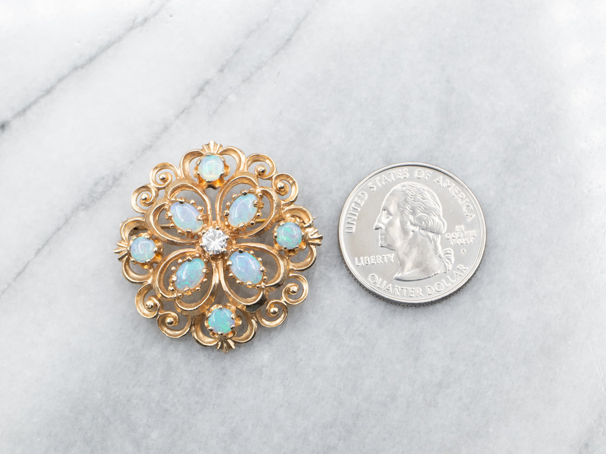 Yellow Gold Opal Cluster Brooch or Pendant with Diamond Accent