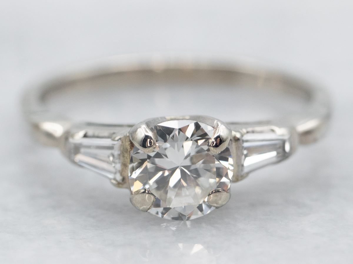 White Gold Diamond Engagement Ring with Baguette Cut Diamond Accents