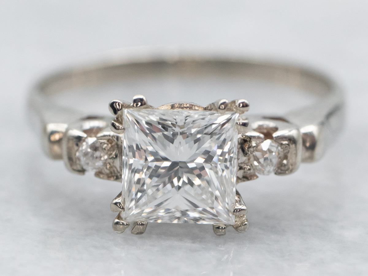 White Gold Princess Cut Diamond Engagement Ring with Old Mine Cut Diamond Accents