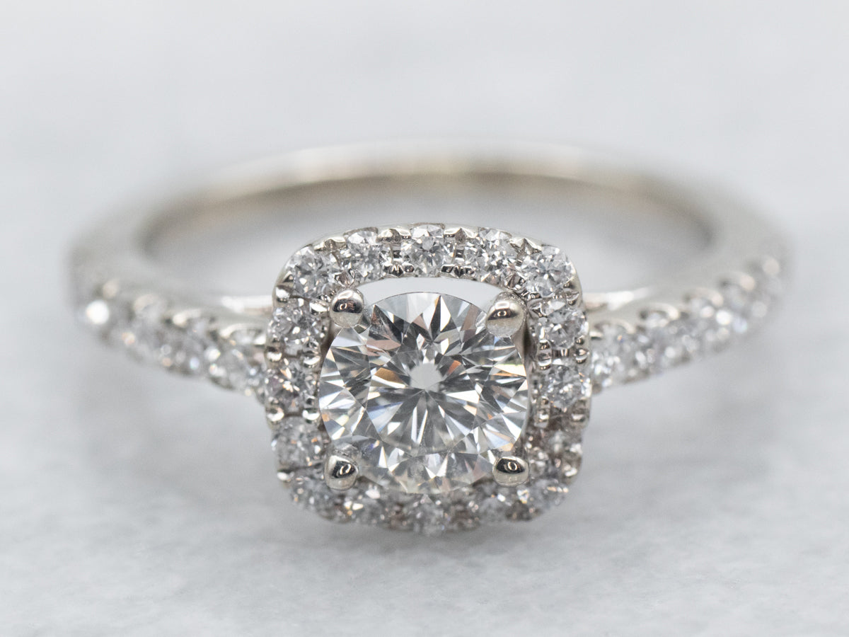 Modern Gold Diamond Engagement Ring with Diamond Halo and Diamond Shoulders