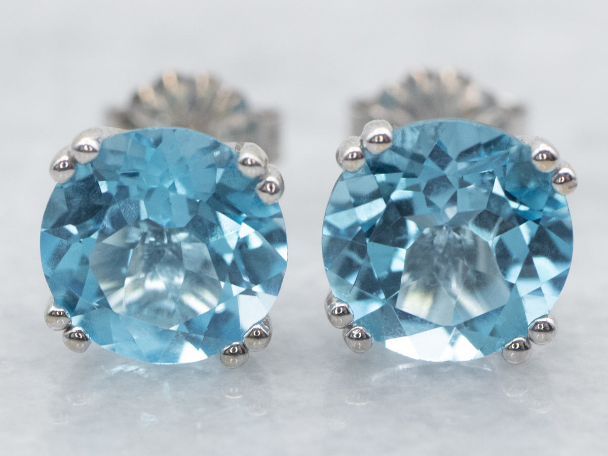 White Gold Round Cut Blue Topaz Stud Earrings