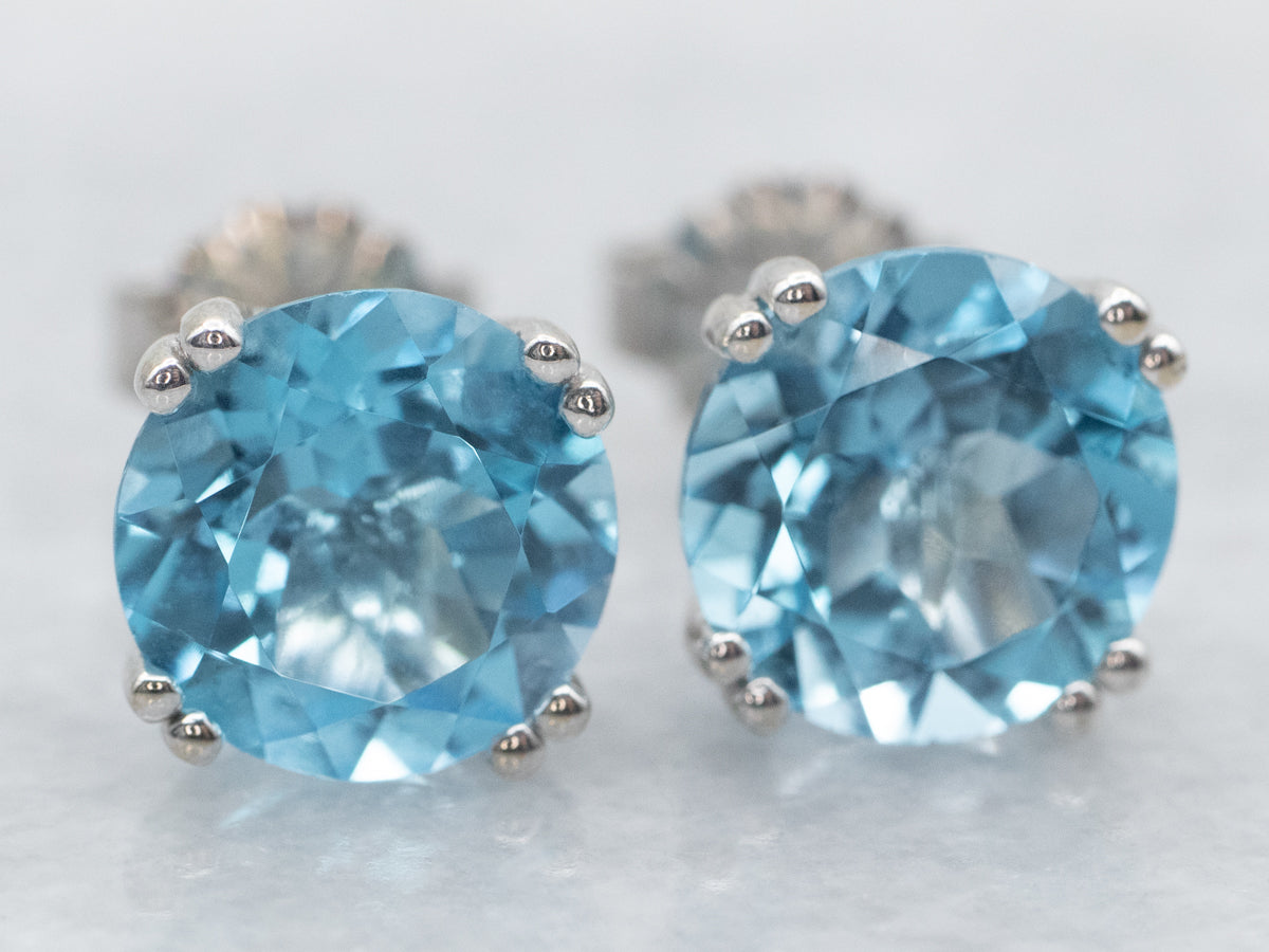 White Gold Round Cut Blue Topaz Stud Earrings