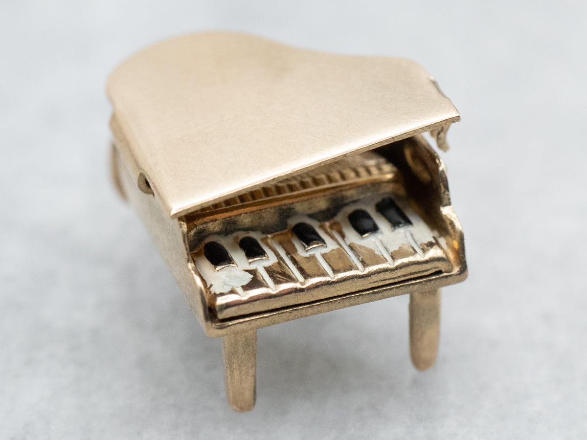 Yellow Gold Black and White Enamel Opening Piano Charm