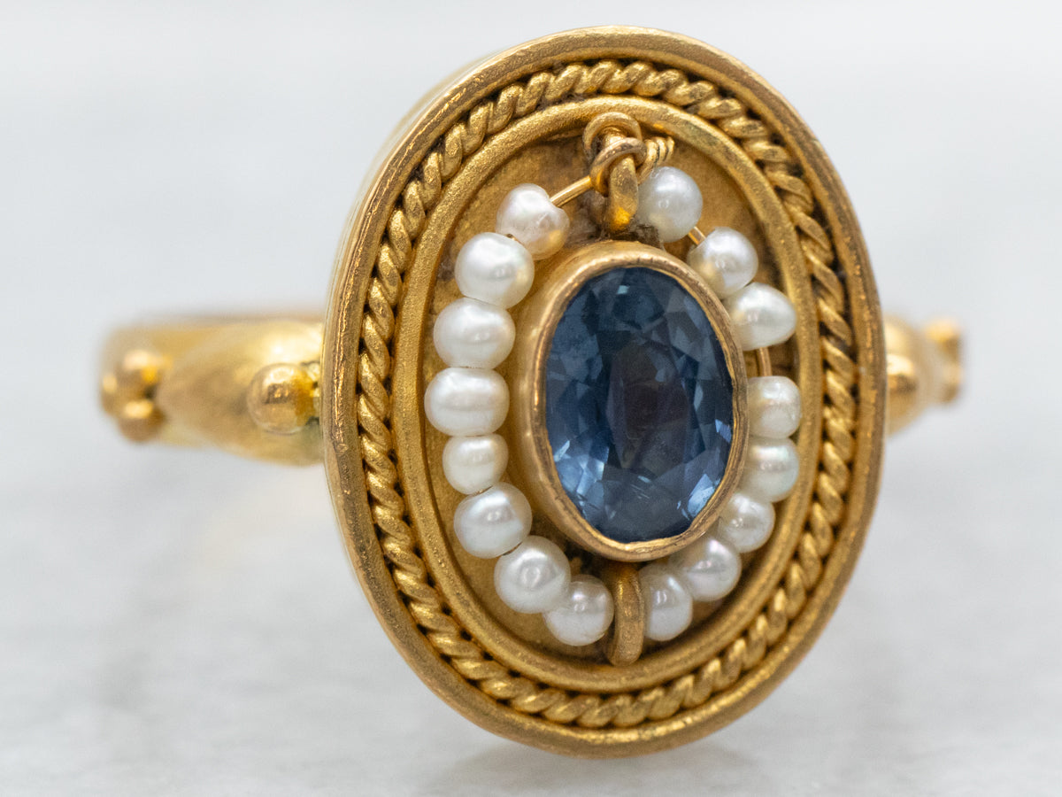 Georgian Sapphire and Seed Pearl Halo Ring