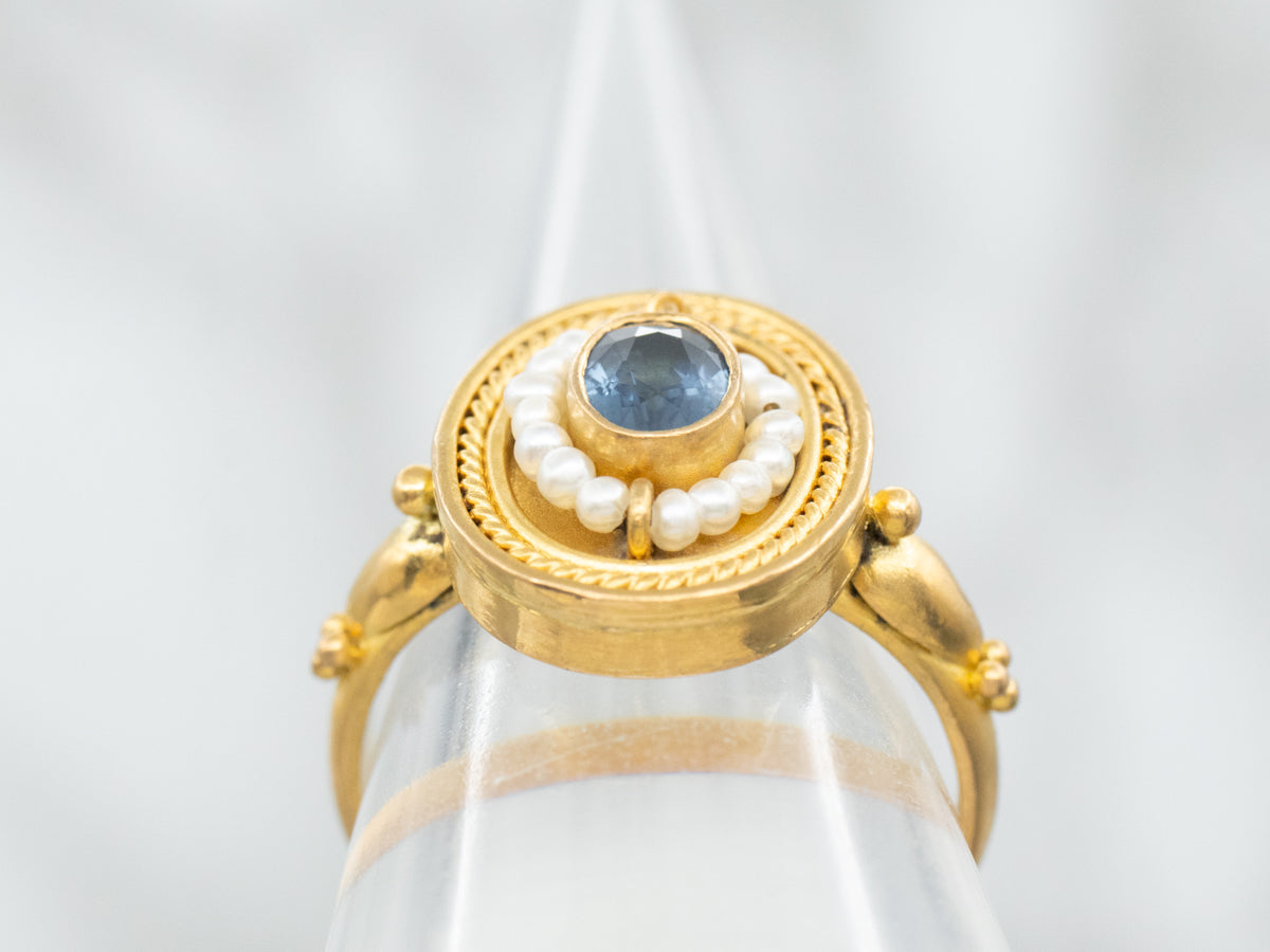 Georgian Sapphire and Seed Pearl Halo Ring