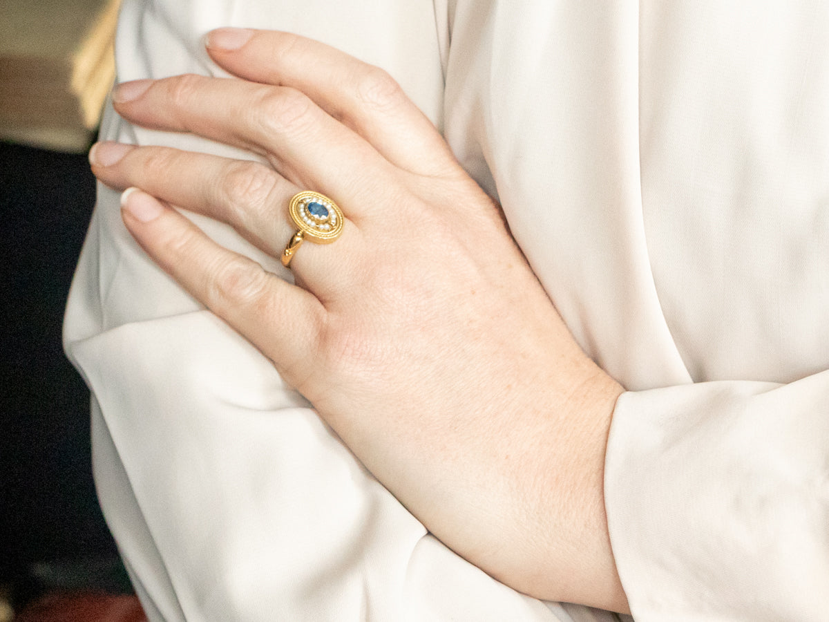 Georgian Sapphire and Seed Pearl Halo Ring