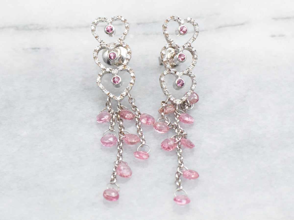 White Gold Pink Tourmaline and Diamond Triple Heart Stud Dangle Earrings