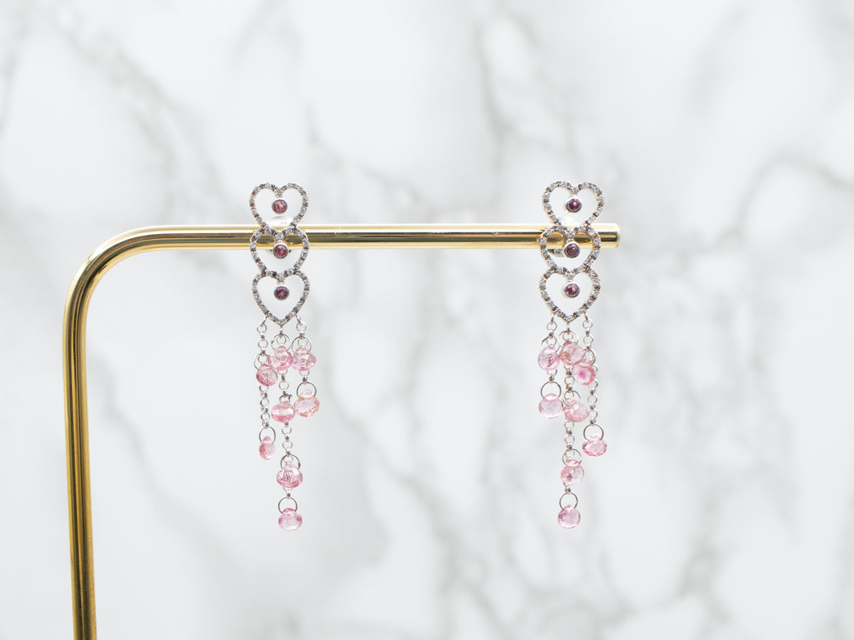 White Gold Pink Tourmaline and Diamond Triple Heart Stud Dangle Earrings