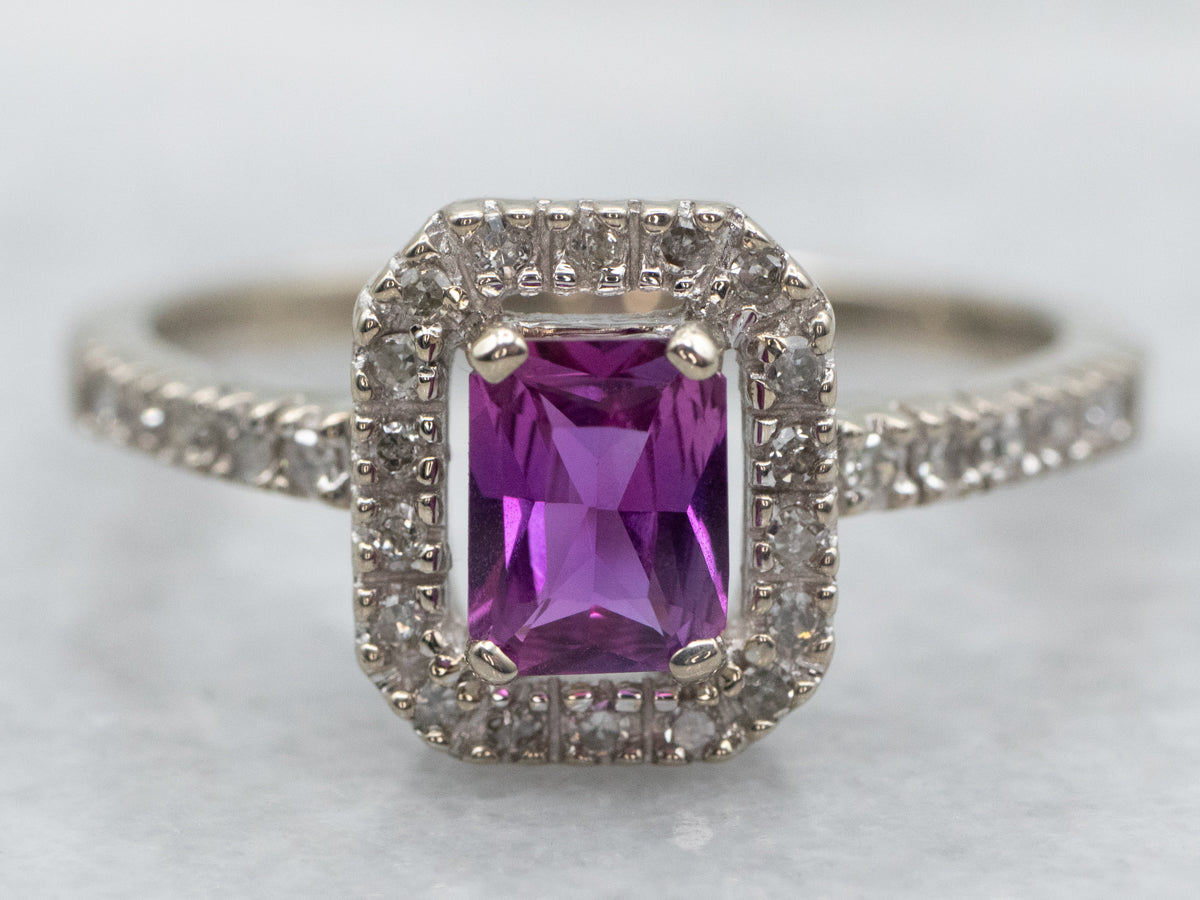 Modern Pink Sapphire Ring with Diamond Halo