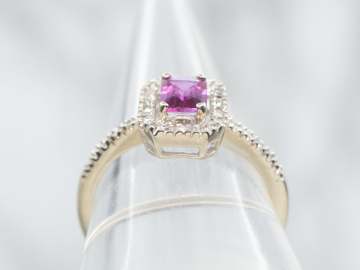 Modern Pink Sapphire Ring with Diamond Halo