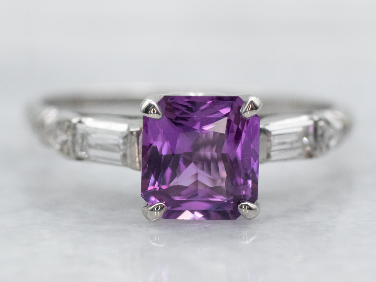 Retro Pink Sapphire and Diamond Platinum Engagement Ring