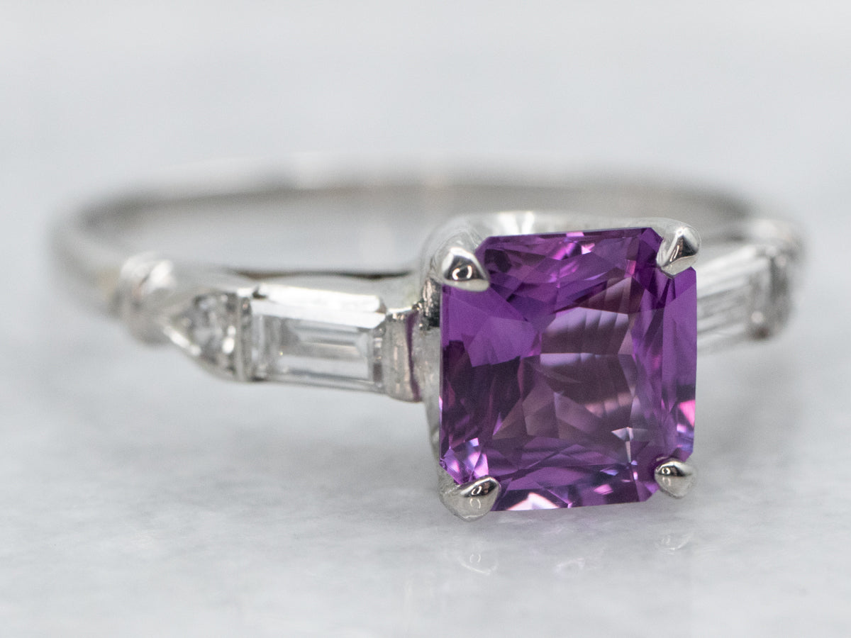 Retro Pink Sapphire and Diamond Platinum Engagement Ring