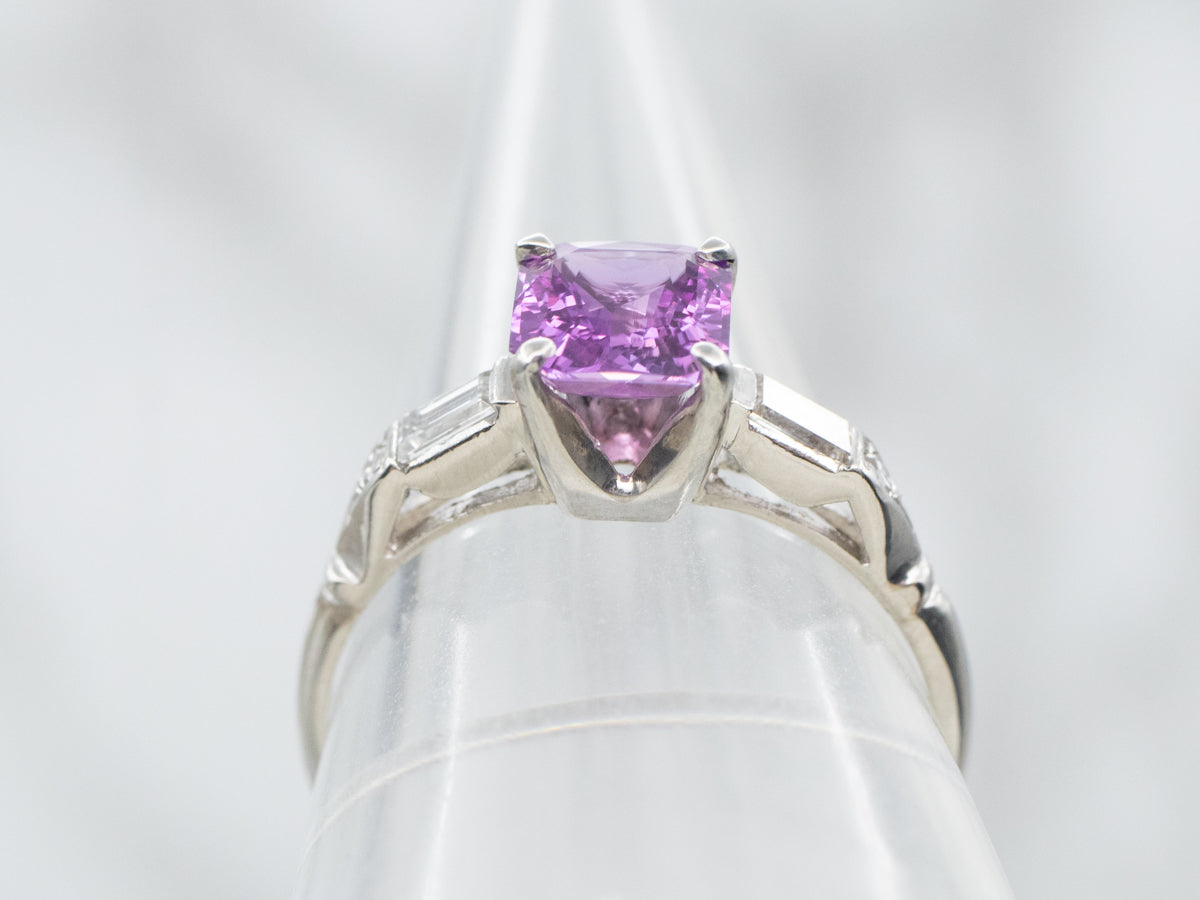 Retro Pink Sapphire and Diamond Platinum Engagement Ring