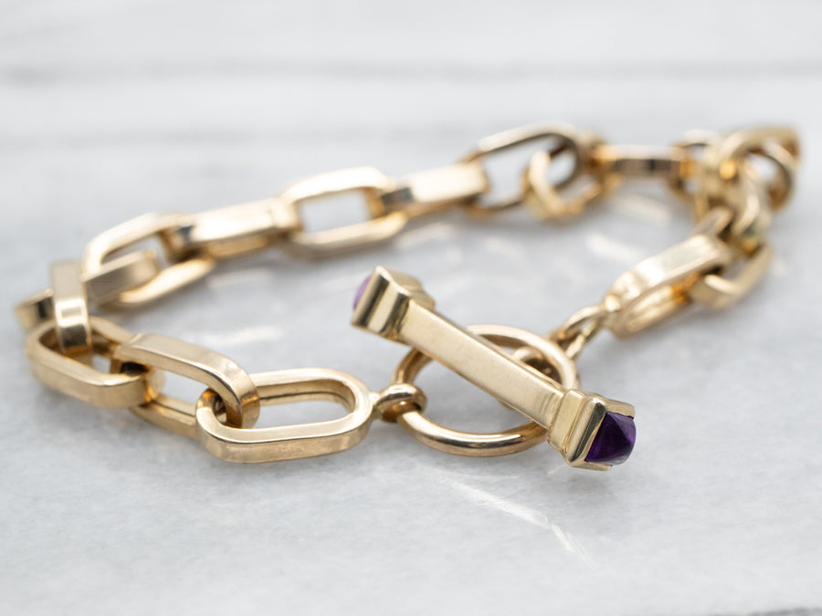 Polished Gold Link Bracelet with Amethyst Accents