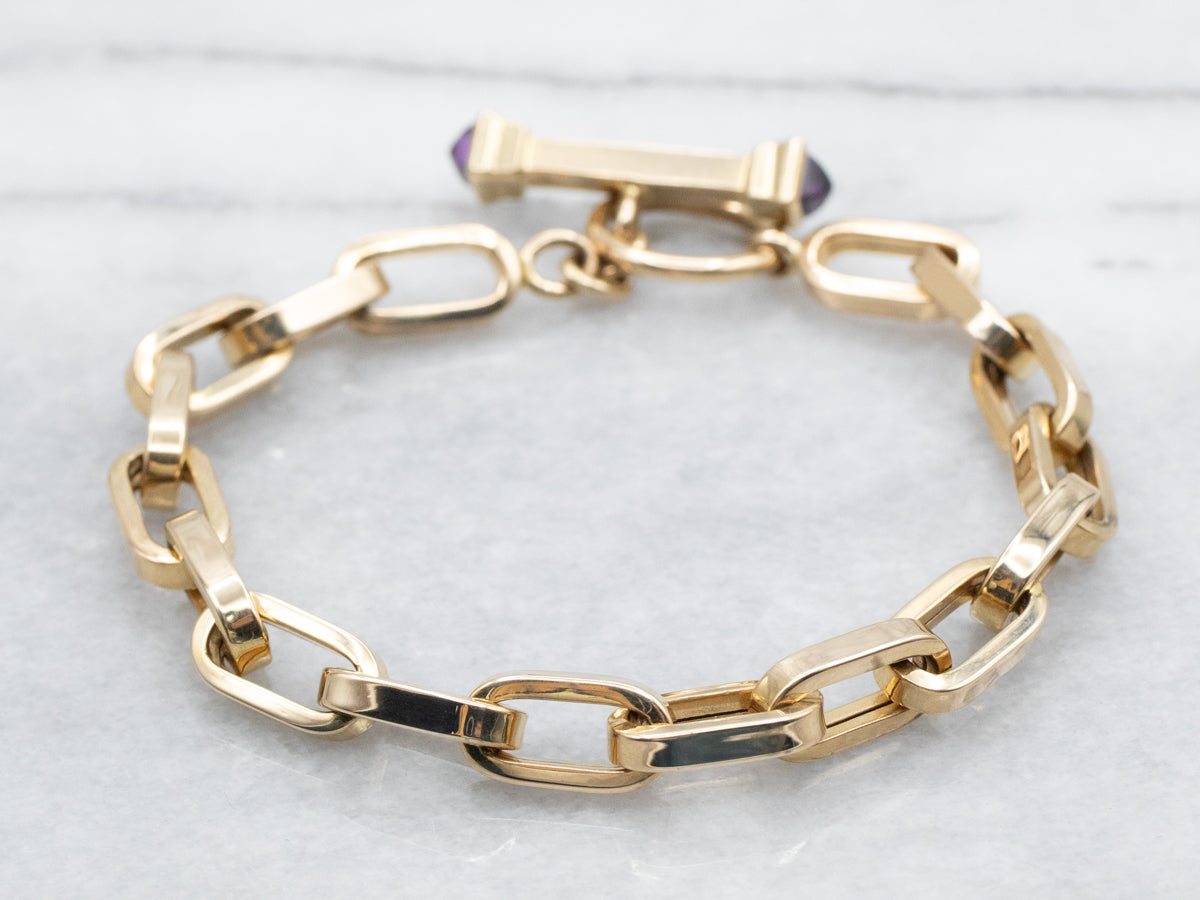 Polished Gold Link Bracelet with Amethyst Accents