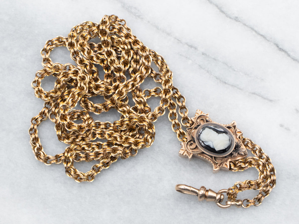 Yellow Gold Double Rolo Chain with Sardonyx Cameo Slide Pendant and Dog Clip Clasp