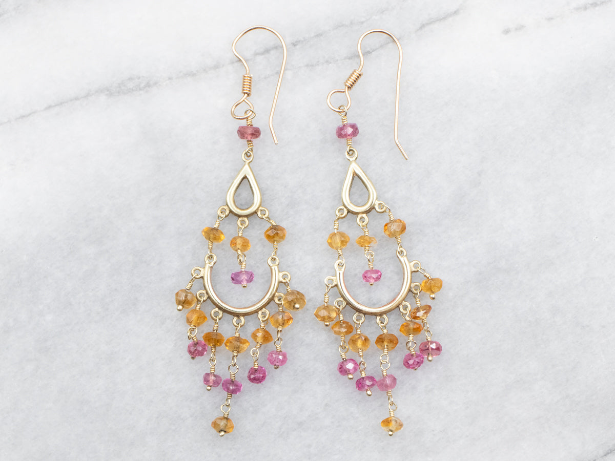 Yellow Gold Citrine and Pink Tourmaline Drop Dangle Earrings