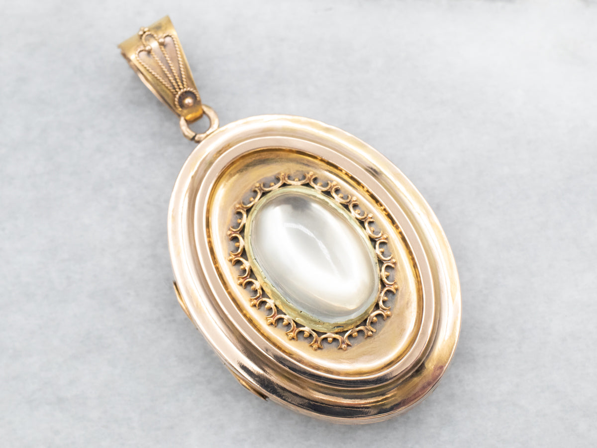 Antique Moonstone Locket with &quot;CM&quot; Engraved on Back