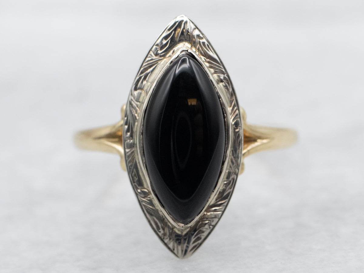 Scrolling Two Tone Gold Marquise Black Onyx Ring