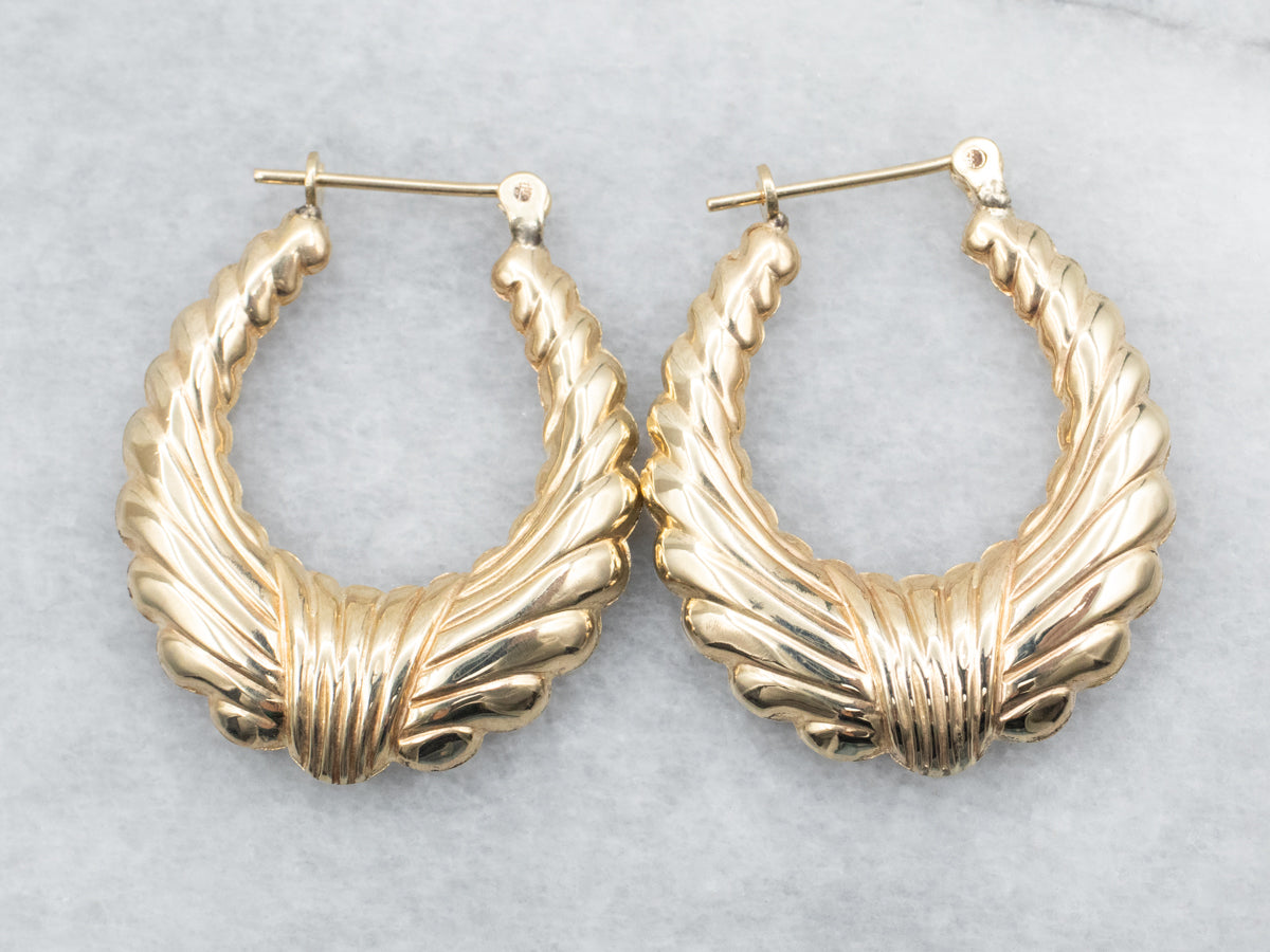 Yellow Gold Lined Design Hollow Hoop Earrings