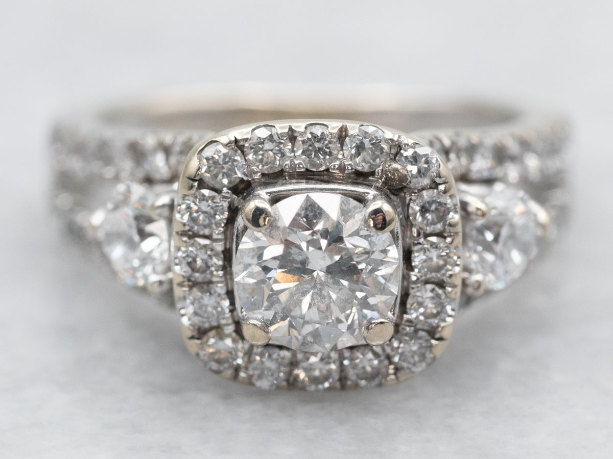 Modern White Gold Diamond Engagement Ring with Diamond Halo