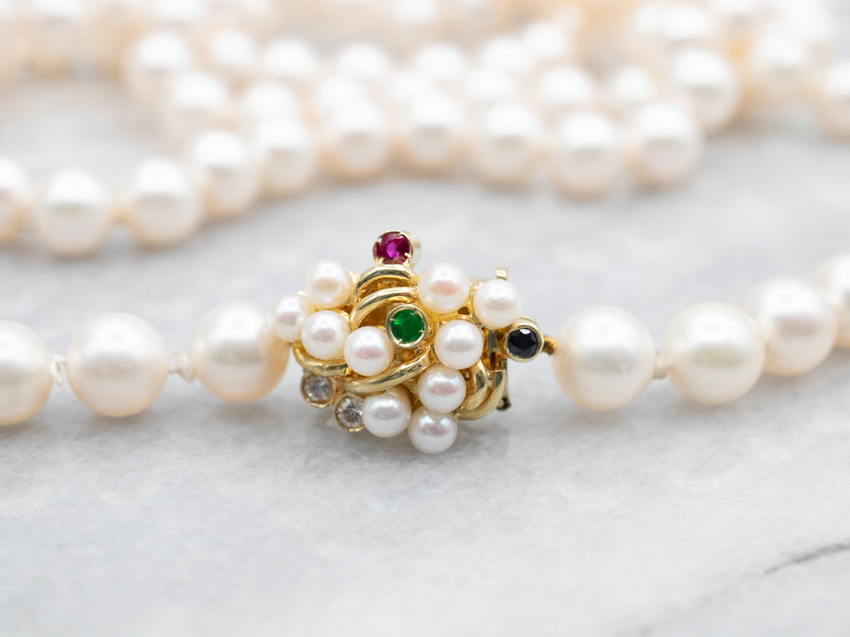 Long Saltwater Pearl Necklace with Multi Gem Clasp