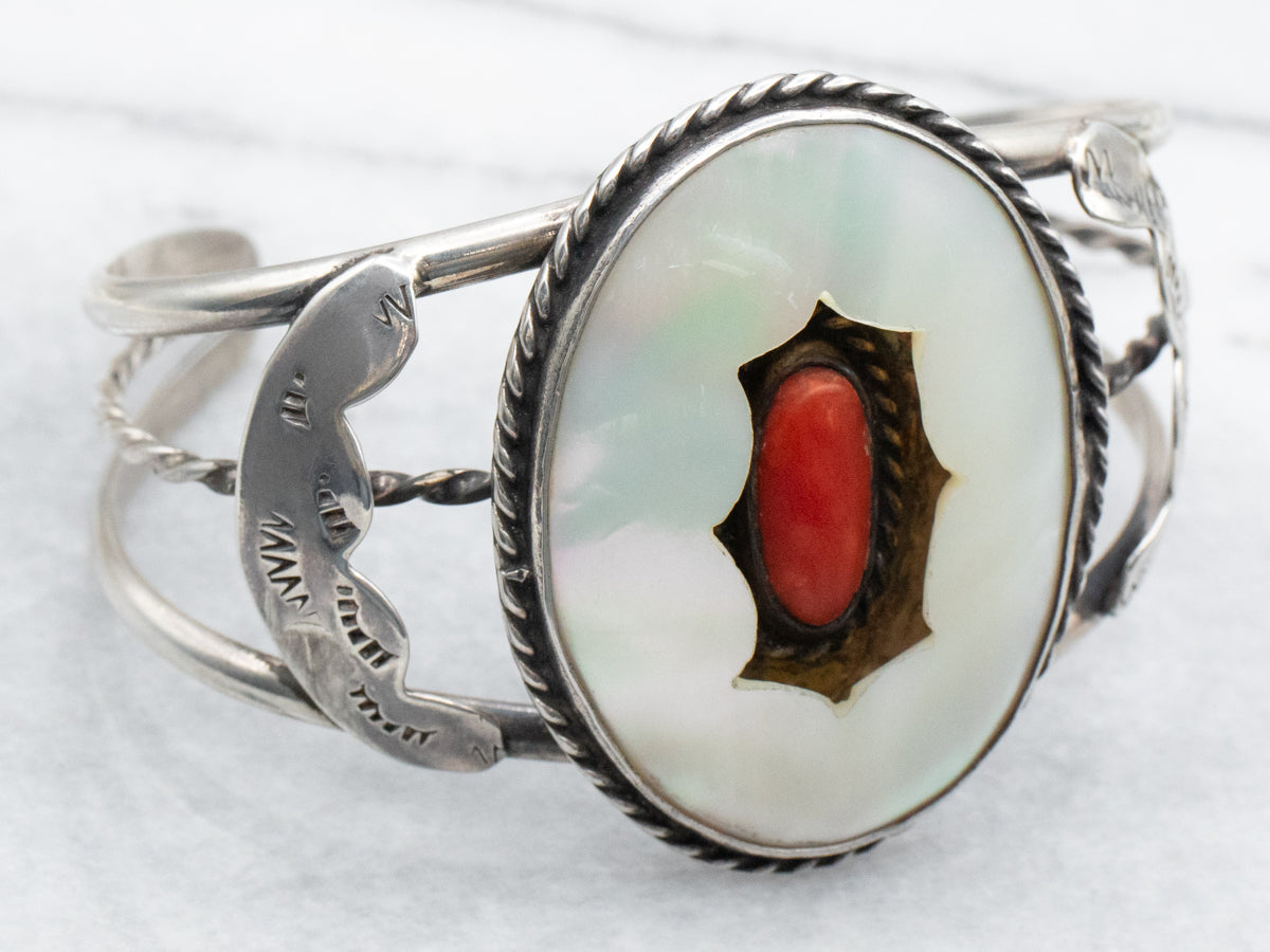 Antique native American sterling, silver, outlet coral, and mother pearl ring