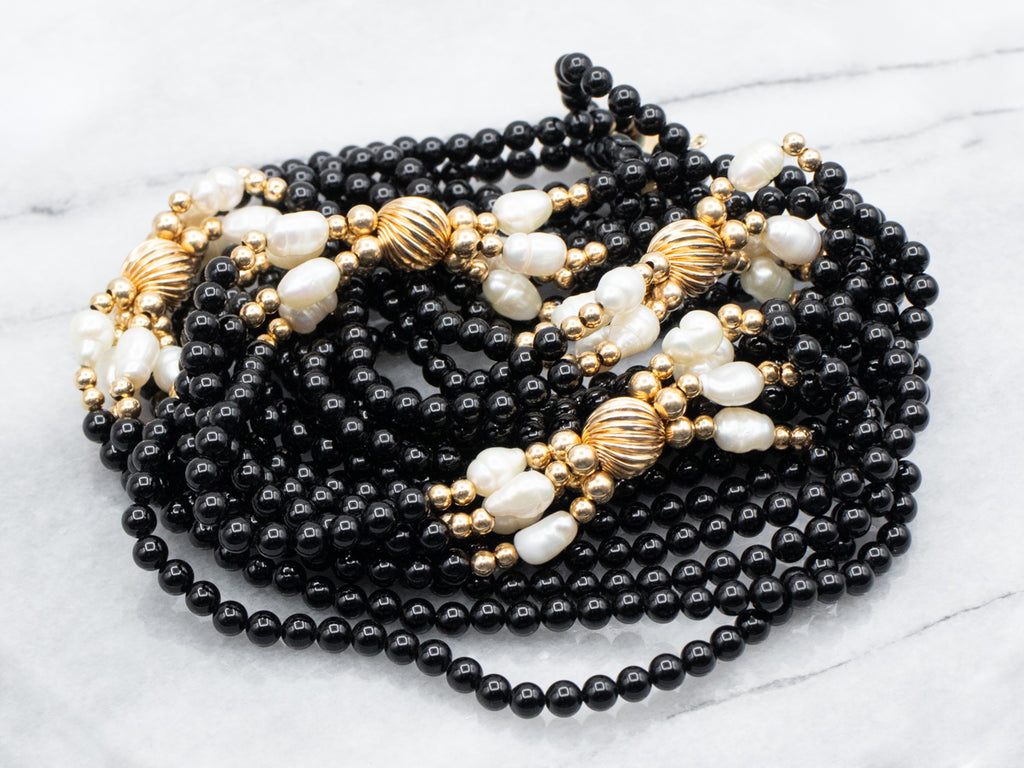 Triple Strand Freshwater Pearls, 14k Gold and Black Onyx Beaded Bracelet shops