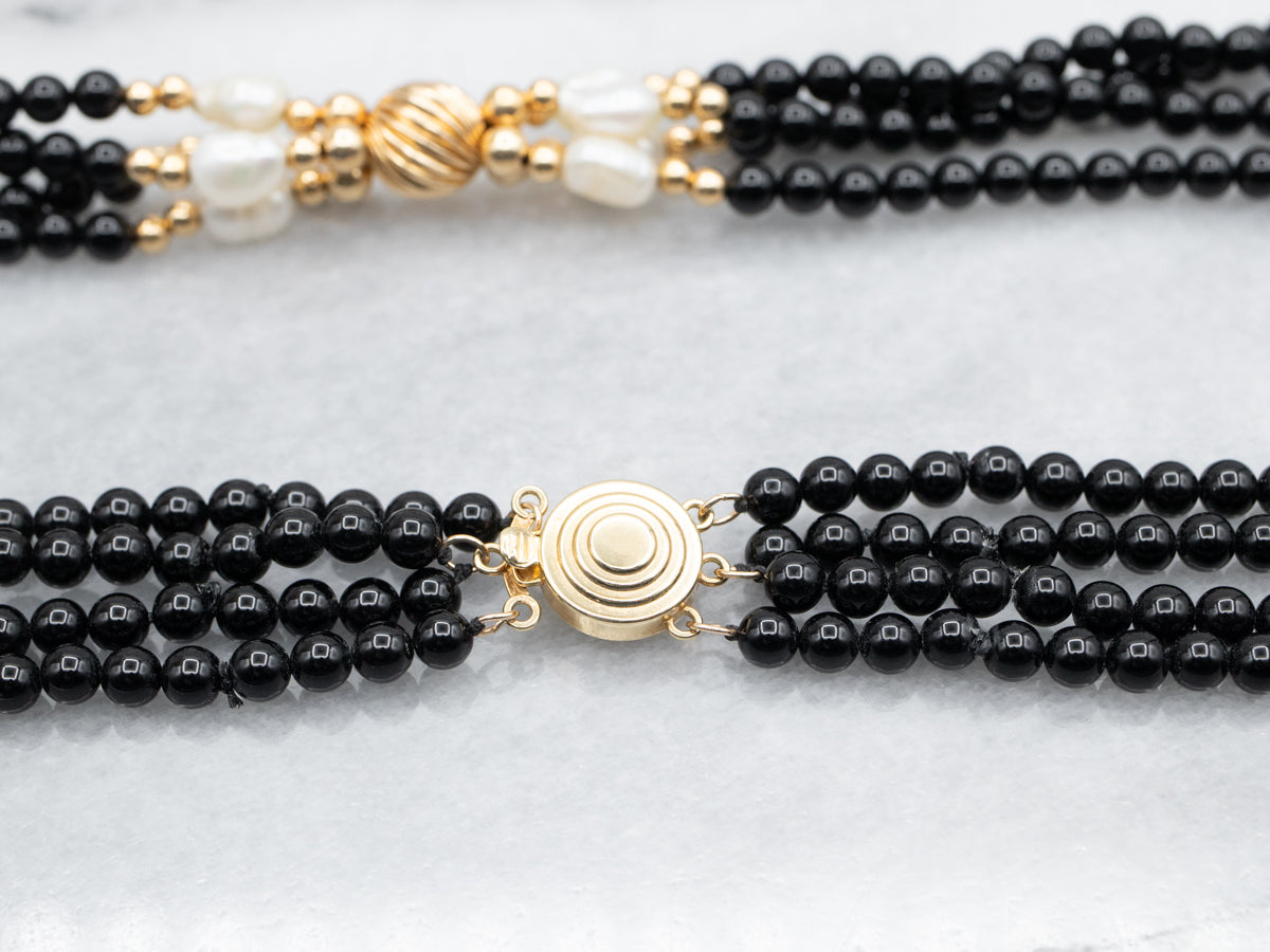 Black Onyx and Freshwater Pearl Multi Strand Necklace