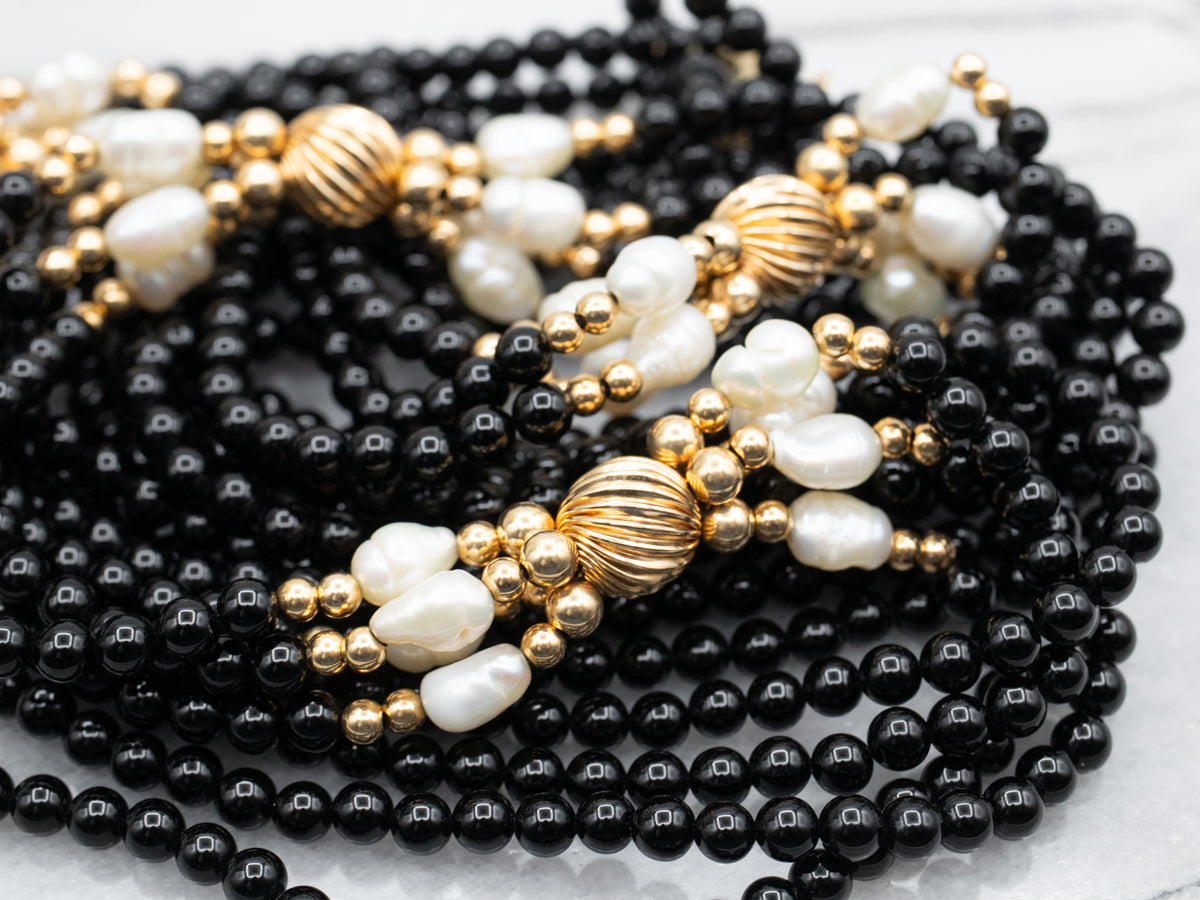 Black Onyx and Freshwater Pearl Multi Strand Necklace