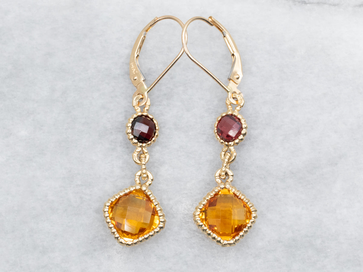 Square Cushion Cut Citrine and Rhodolite Garnet Drop Earrings