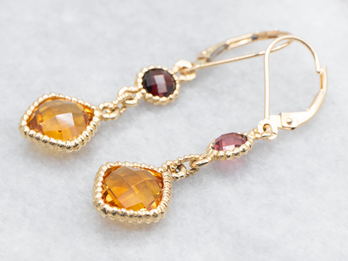 Square Cushion Cut Citrine and Rhodolite Garnet Drop Earrings