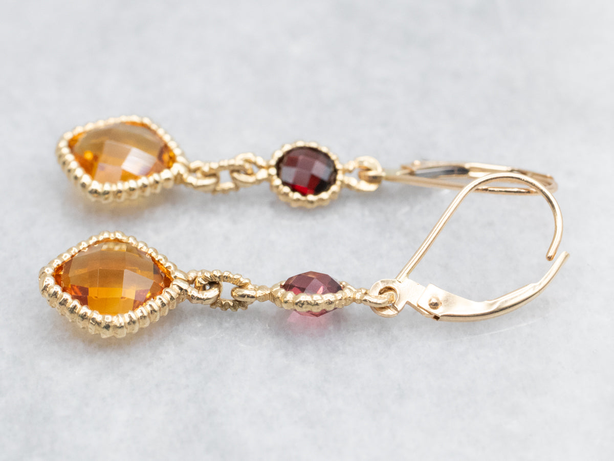 Square Cushion Cut Citrine and Rhodolite Garnet Drop Earrings