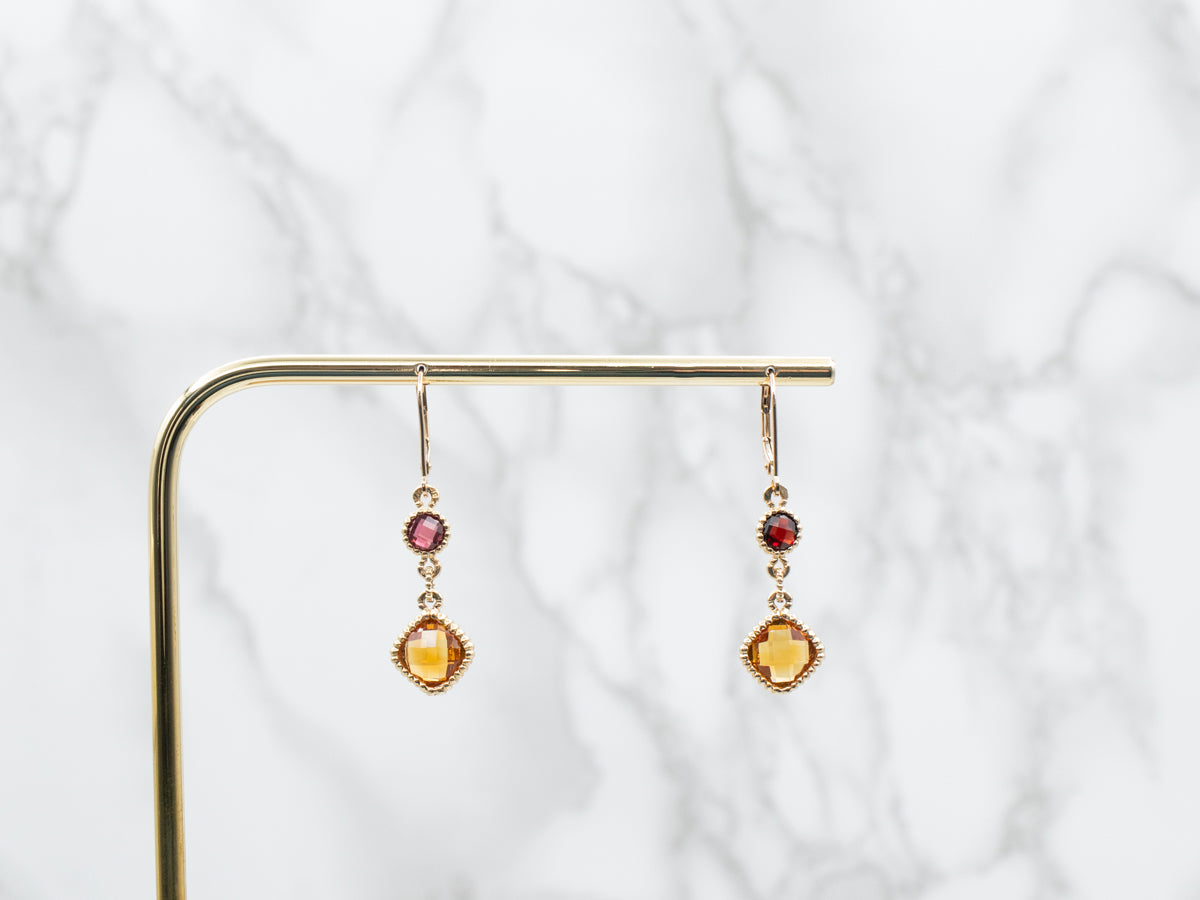 Square Cushion Cut Citrine and Rhodolite Garnet Drop Earrings