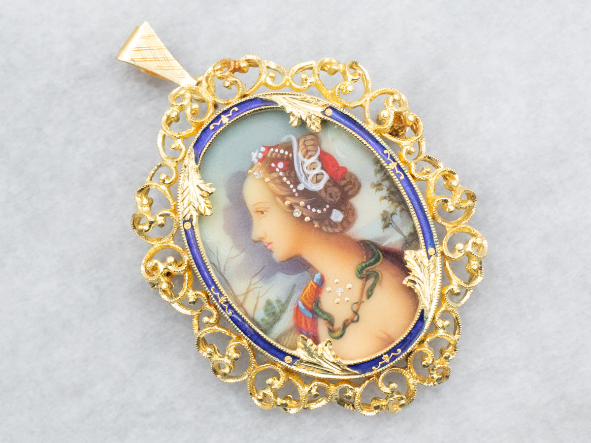 Blue Enamel Hand Painted Portrait Brooch or Pendant