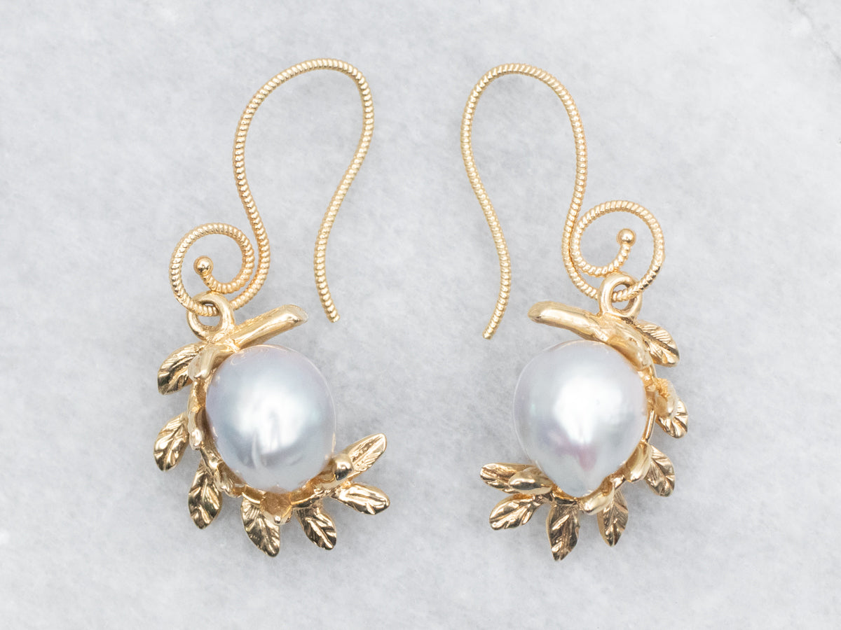 Blue-Gray Pearl Botanical Drop Earrings