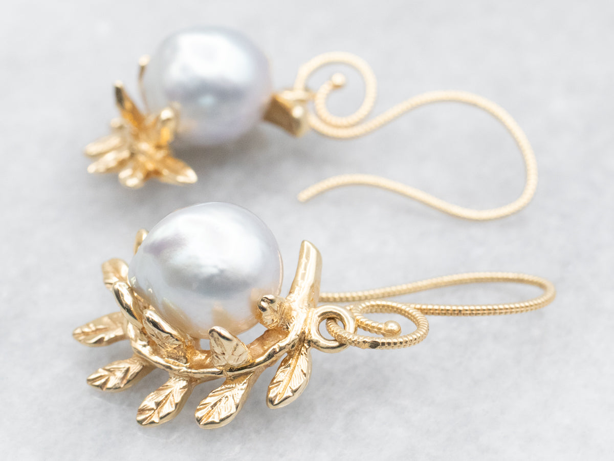 Blue-Gray Pearl Botanical Drop Earrings