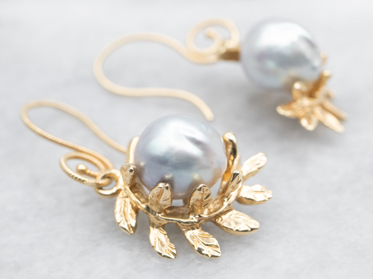 Blue-Gray Pearl Botanical Drop Earrings