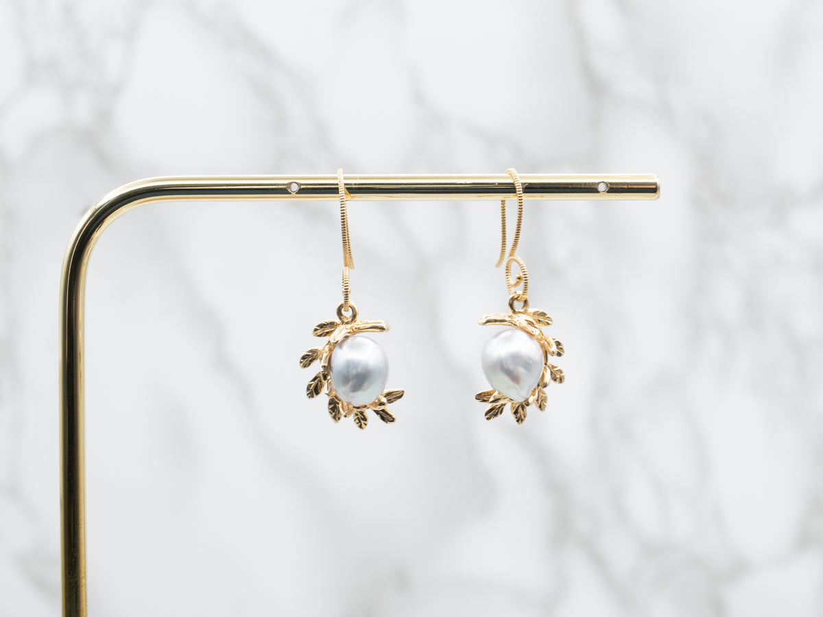 Blue-Gray Pearl Botanical Drop Earrings